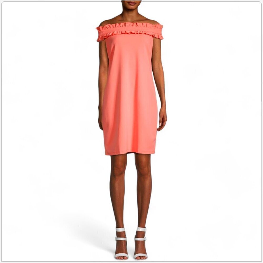 Marina Coral Peach Off Shoulder Ruffled Neckline Cocktail Party Dress NWT NEW 12